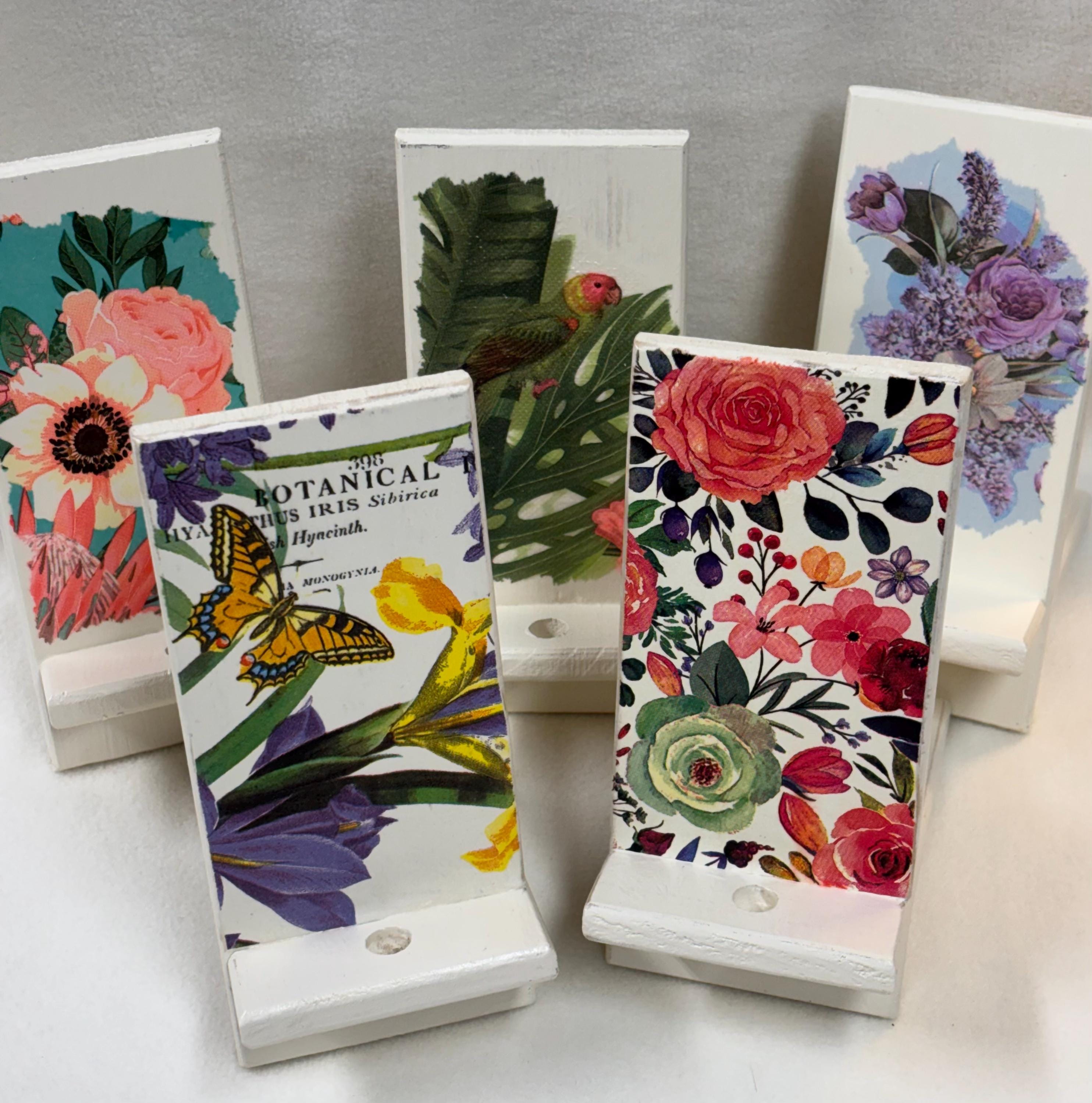 Decoupaged Wooden Phone Stand, Handmade Cell Phone Holder, Desk Charging Station, Birthday Gift