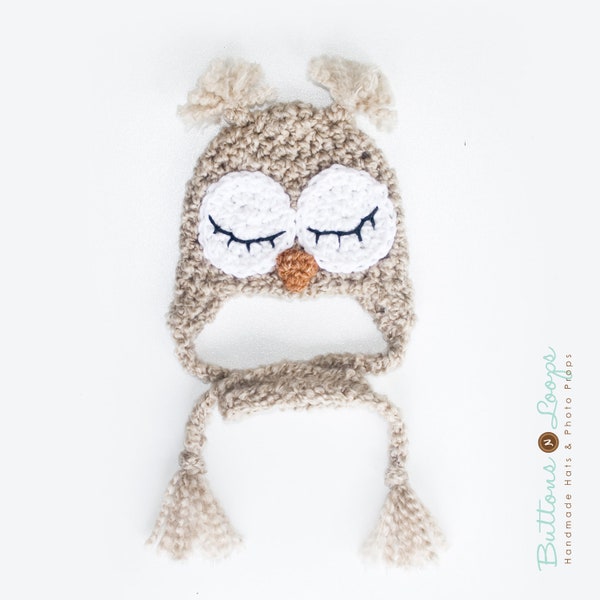 Baby hat, baby owl hat, knit owl hat, Crochet Owl Hat With Braids Photo Prop