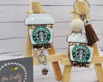 Coffee Keychain/Coffee Badge Reel/Starbucks inspired Badge /Starbuck inspired Keychain/Nurse badge reel/RN Badge Holder/Retractable Badge