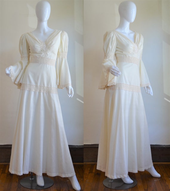 Divine 1970s Cream Cotton & Lace Boho Wedding Gown