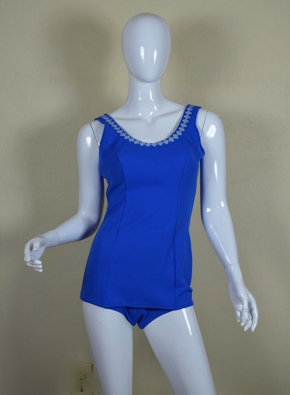 1960s Adorable Blue & White One Piece Swimsuit Bus