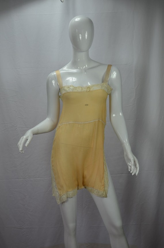 1920s Peach Silk Chiffon and Lace Teddy Step In Bu