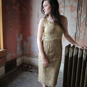 1960s Norman Hartnell Couture Gold Lace Dress image 1