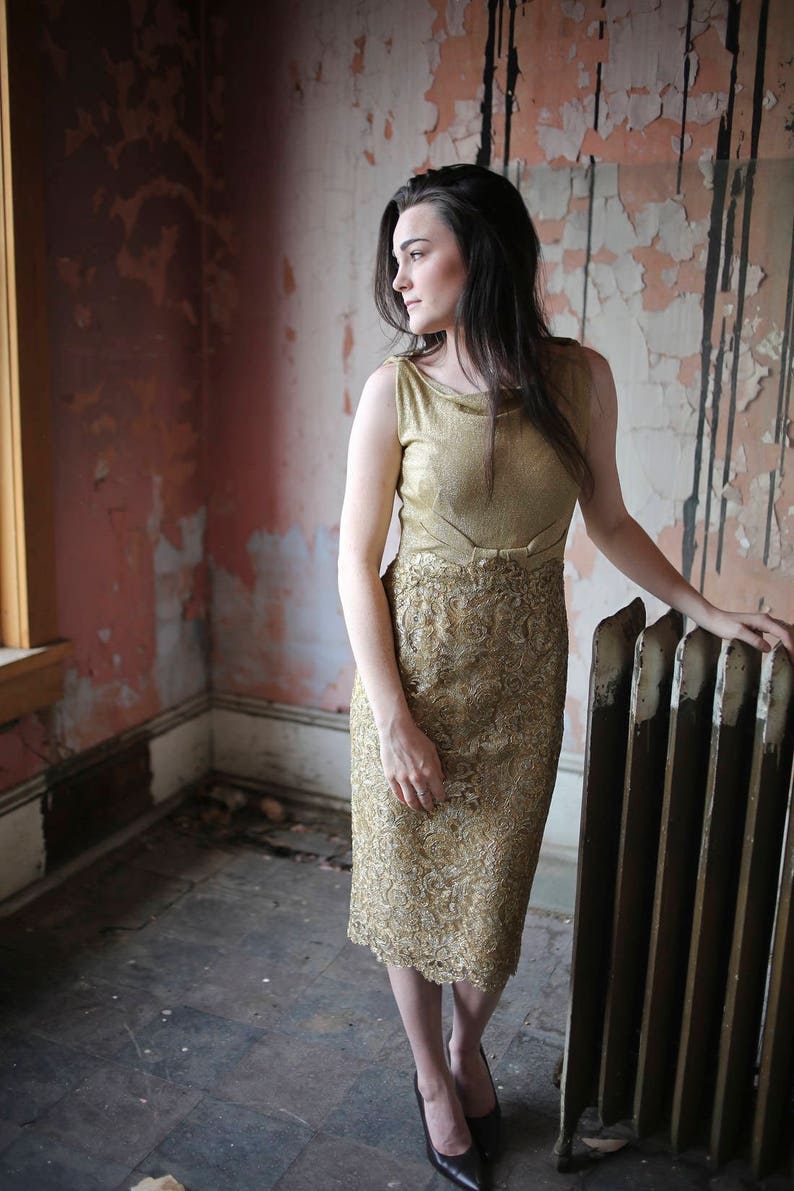 1960s Norman Hartnell Couture Gold Lace Dress image 1