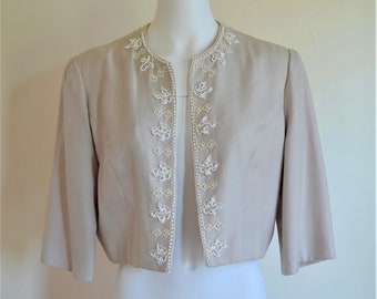 Late 1950s Tan Linen Beaded Cropped Jacket Bust Approximately 44" by Lazarus Roanoke