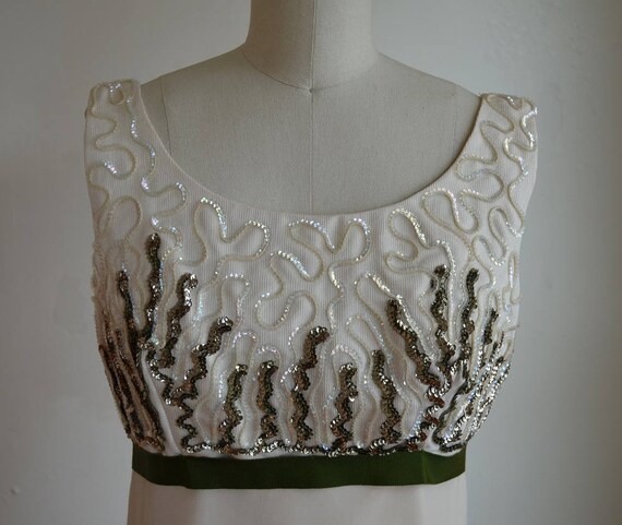 1960s Cream & Green Sequin and Chiffon Empire Wai… - image 2