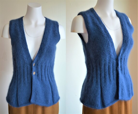 1970s Beautiful Blue Angora Handknit Sweater Vest