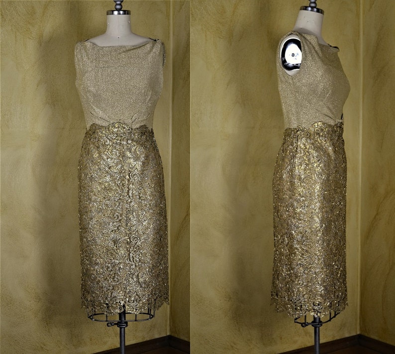 1960s Norman Hartnell Couture Gold Lace Dress image 2