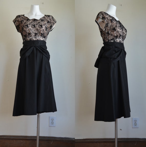 1940s Black Taffeta & Lace Cocktail Dress with Sw… - image 1