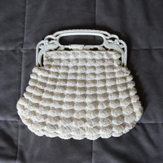 1930s Cream Crochet Bag with Celluloid Handles