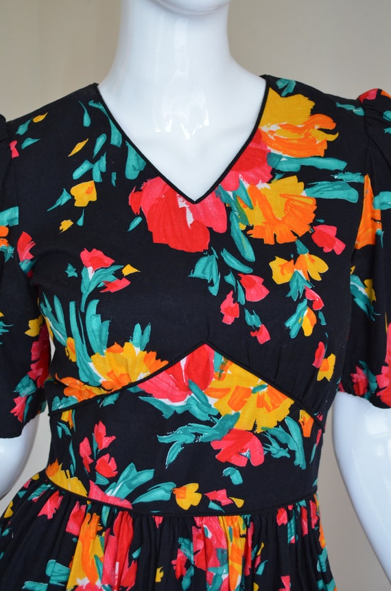 80s Does the 40s Cotton Black Floral Dress Bust 3… - image 2