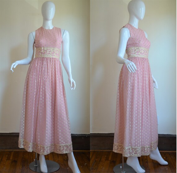 Stunning 1960s Pink Chiffon & Metallic Gold Gown b
