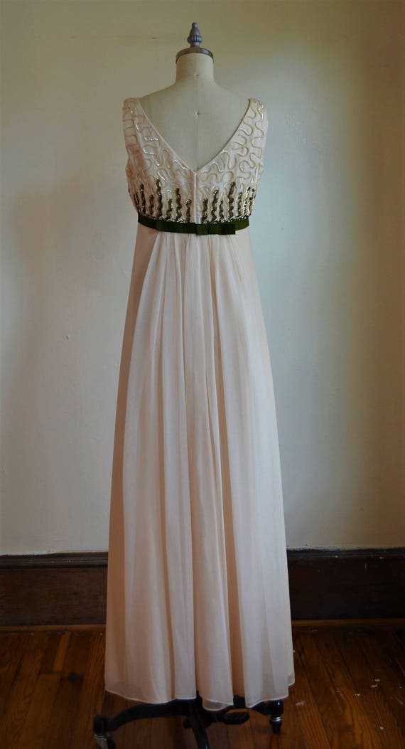 1960s Cream & Green Sequin and Chiffon Empire Wai… - image 3