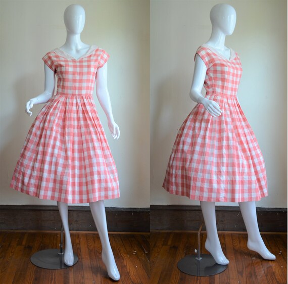 1950s Pink & White Gingham Checked Dress with Orga