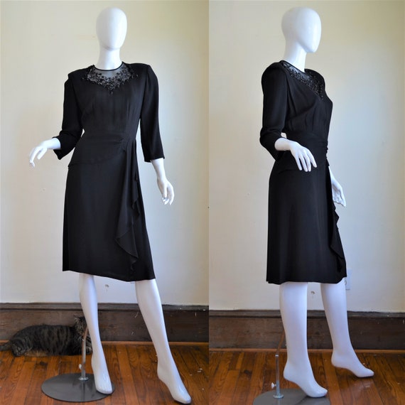 1940s Black Moss Crepe Dress with Sequin & Beaded