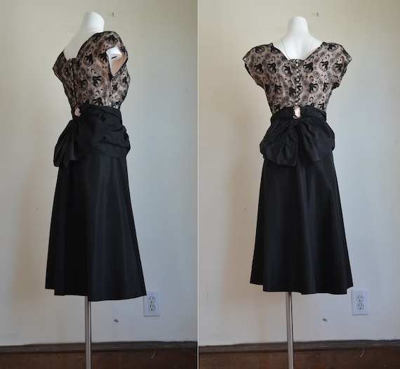 1940s Black Taffeta & Lace Cocktail Dress with Sw… - image 2