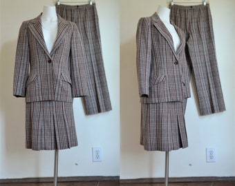 Classic 1970s Plaid Wool Skirt Suit with Matching Wide Leg Trousers Waist 28"