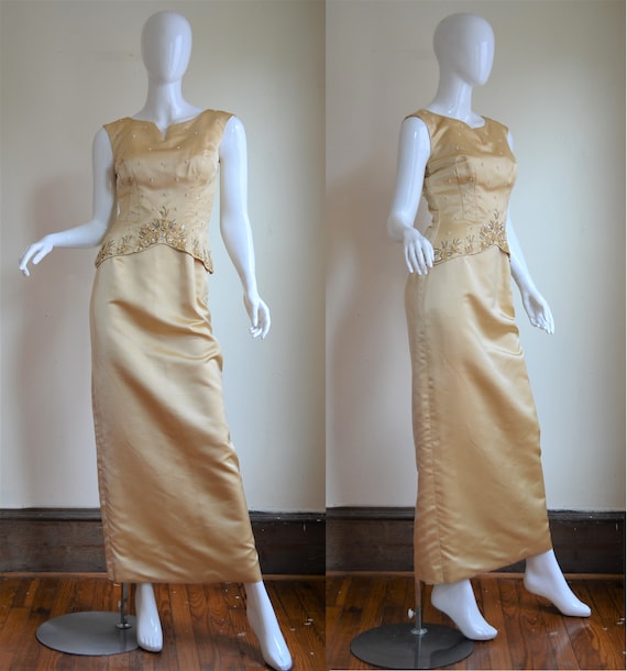 Early 1960s Gold Silk Beaded & Sequined Hourglass… - image 1