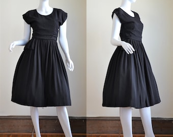 1940s Black Embossed Crepe Dress with Huge Full Skirt & Shoulder Pads Bust 37"