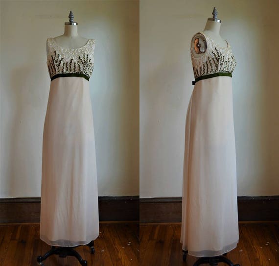 1960s Cream & Green Sequin and Chiffon Empire Wai… - image 1