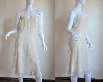 SUMMER SOLSTIC SALE 1930s Cream Silk & Net Embroidered Bias Cut Slip Lovely Details! Bust 37"