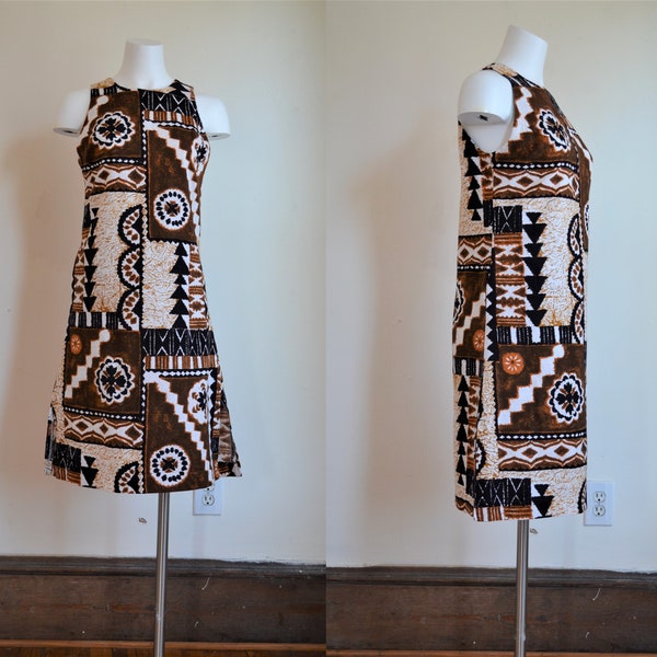 1960s Black Brown and White Cotton Barkcloth Dress by Sears Hawaiian Fashion Bust 37"