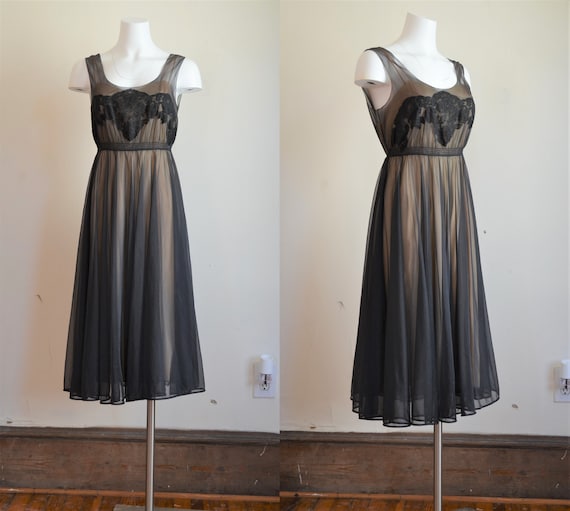 1950s Munsingwear Black Chiffon and Lace Nighty B… - image 1