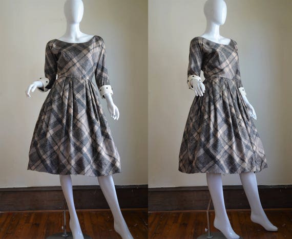 Lovely 1950s Silk Plaid Mr. Mort Day Dress with Hu