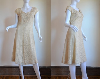 Late 1940s Cream Lace Dress with Soutach, Pearls & Sequins