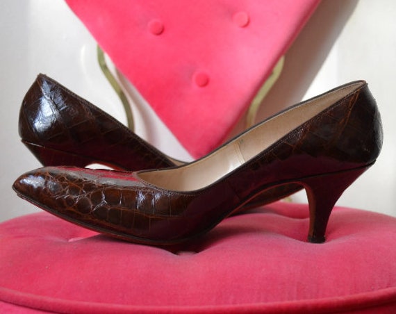 50s Brown Leather and Lizard Cap Toe Pumps - 7A – Better Dresses