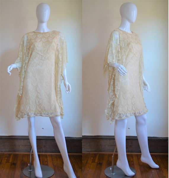 1960s Cream Satin Dress with Ethereal Lace Overlay