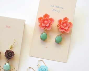 Boucles d’oreilles Sakura Coral avec perles Swarovski couleur Jade vintage, Faux Corail Rose et Jade Vert, Sauvez l’océan