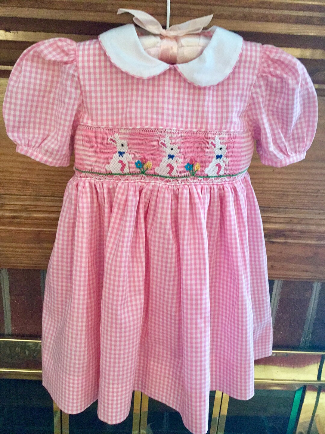 French Knot Bunny Topiary Pink Gingham Dress