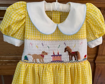 Birthday dress smocked with cake, horses.  Cake can have 1, 2, 3, 4 or 5 candles.