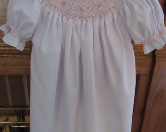 Bishop style dress, hand-smocked with delicate rosebuds and pearls, infants, toddlers, girls. Special occasion, flower girl and Initiation