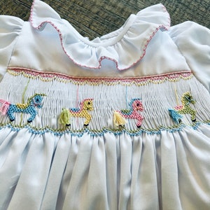 Smocked Carousel Horse Birthday Dress for Girls, Puffy sleeves.  Gingham fabric.