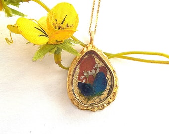 Indian Paintbrush Bluebonnet Real Pressed Flower Texas Wildflower Gold Tear Drop Pendant Necklace