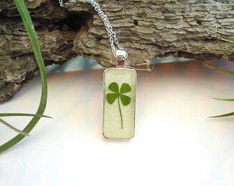 Lucky Real Pressed Four Leaf Clover Irish Silver Plated Rectangle Pendant Necklace