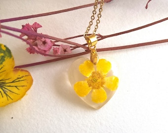 Buttercup  Pendant Necklace Real Pressed Flower Wildflower Heart Gold Resin