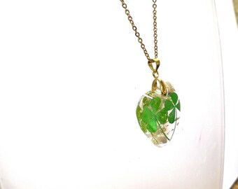Real Four Leaf Double Clover Heart Resin Shamrock Gold Tone