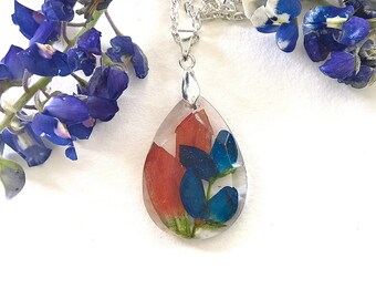 Bluebonnet Indian Paintbrush Wildflower Texas Jewelry Tear Drop Pressed Flower Pendant Necklace