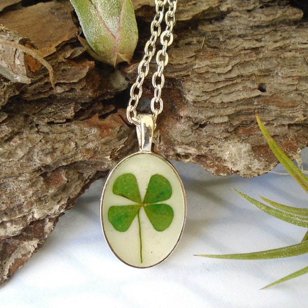 Lucky Real Pressed Four Leaf Clover Irish Silver Plated Oval  Pendant Necklace