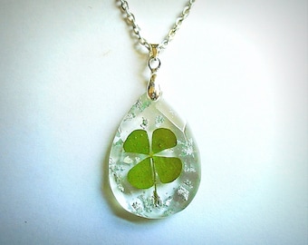 Real Four Leaf Clover Faceted Tear Drop Resin Shamrock Silver Pendant Necklace