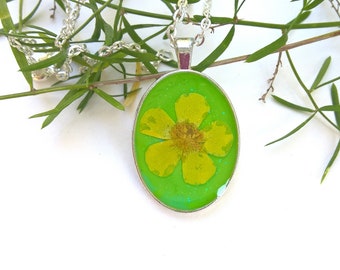 Real Pressed Flower Buttercup Wildflower Pendant Necklace