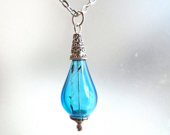 Dandelion Real Seed Blue Hand Blown Glass Bottle Wish Silver Plated Necklace