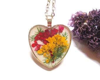 Mixed Flower Heart Pressed Wildflower Wild Mustard Fern Alyssum Silver Plated Necklace