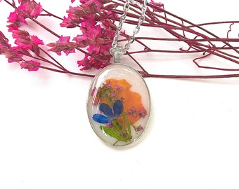 Real  Pressed Flower Marigold, Alyssum, Lobelia Oval ResinSilver Pendant Necklace