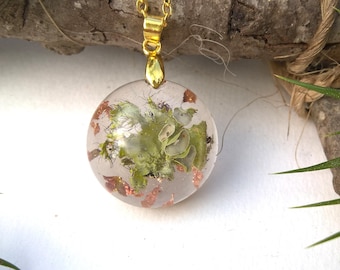 Real Lichen Woodland Resin Nature Round Forest  Pendant Necklace