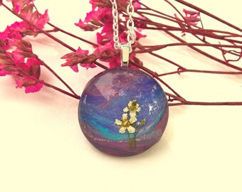 Pasture Heliotrop Wildflower  Real Pressed Flower Purple Blue Silver Hand Painted Round Pendant Necklace