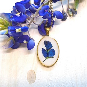 Real Texas Bluebonnet Pressed Flower Gold Wildflower oval Pendant Necklace